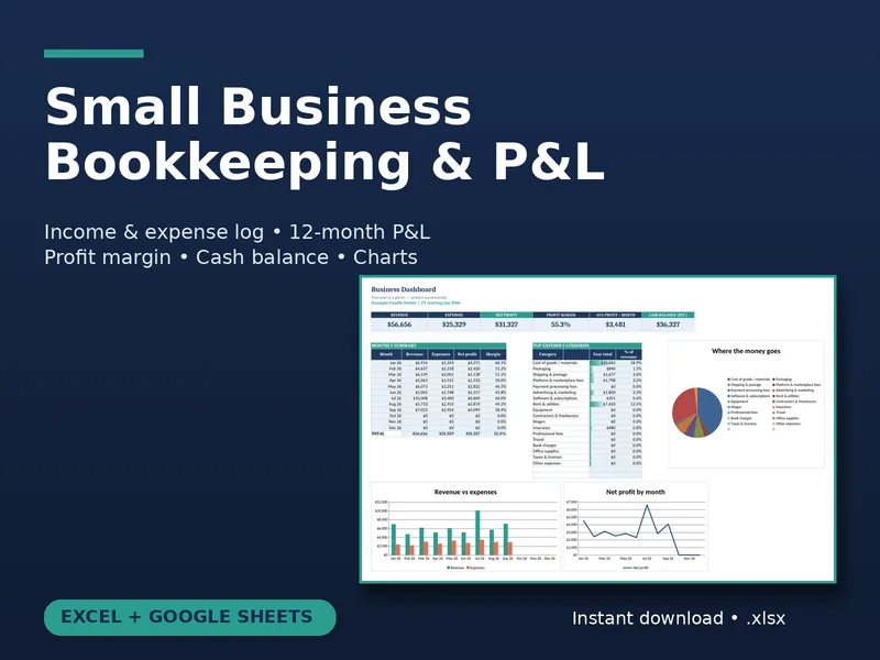 Small Business Bookkeeping & P&L Tracker spreadsheet preview